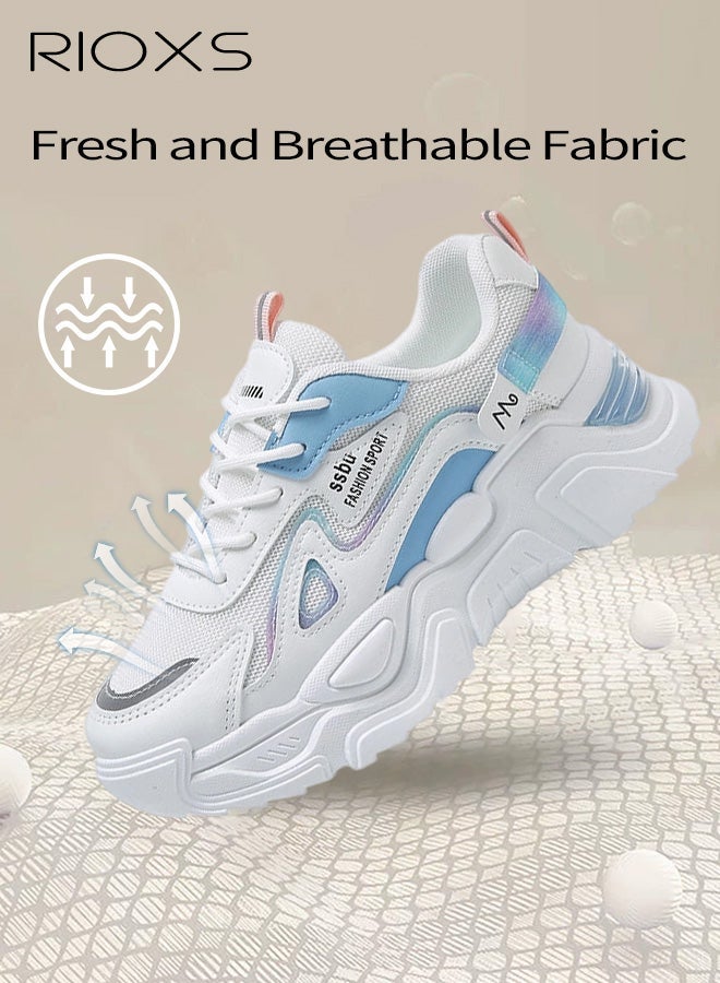 ريوكس حذاء رياضي نسائي بقاعدة سميكة، حذاء رياضي بقاعدة سميكة 5 سم للسيدات، حذاء رياضي مريح وقابل للتنفس، حذاء خفيف الوزن برباط للمشي، حذاء رياضي عصري غير رسمي بنعل مانع للانزلاق للارتداء في الشارع، الجري والركض والمشي والتمارين الرياضية والملابس اليومية، حذاء رياضي أزرق وأبيض - Image 4